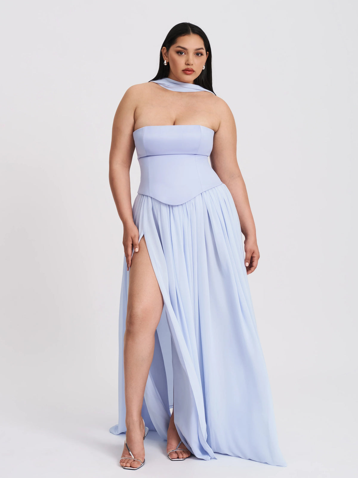 Qianna Baby Blue Peplum Drop Waist Chiffon Gown
