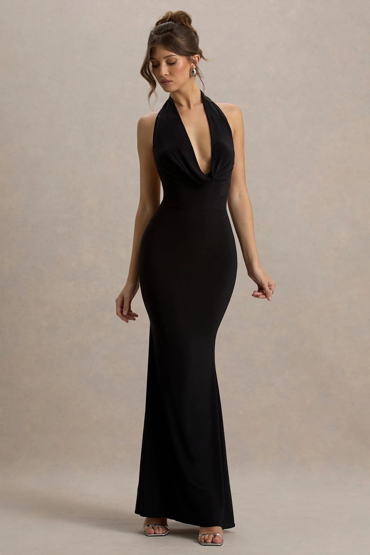 Milani Black Backless Cowl Neck Fishtail Maxi Dress