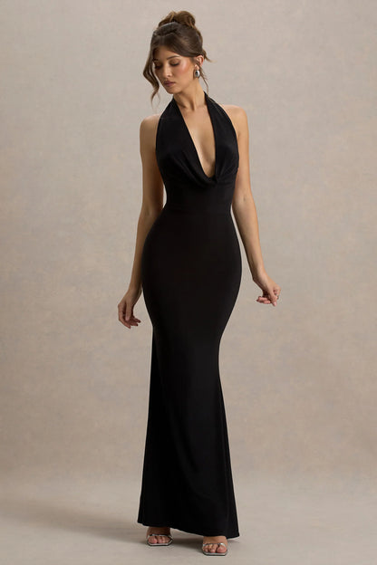 Milani Black Backless Cowl Neck Fishtail Maxi Dress