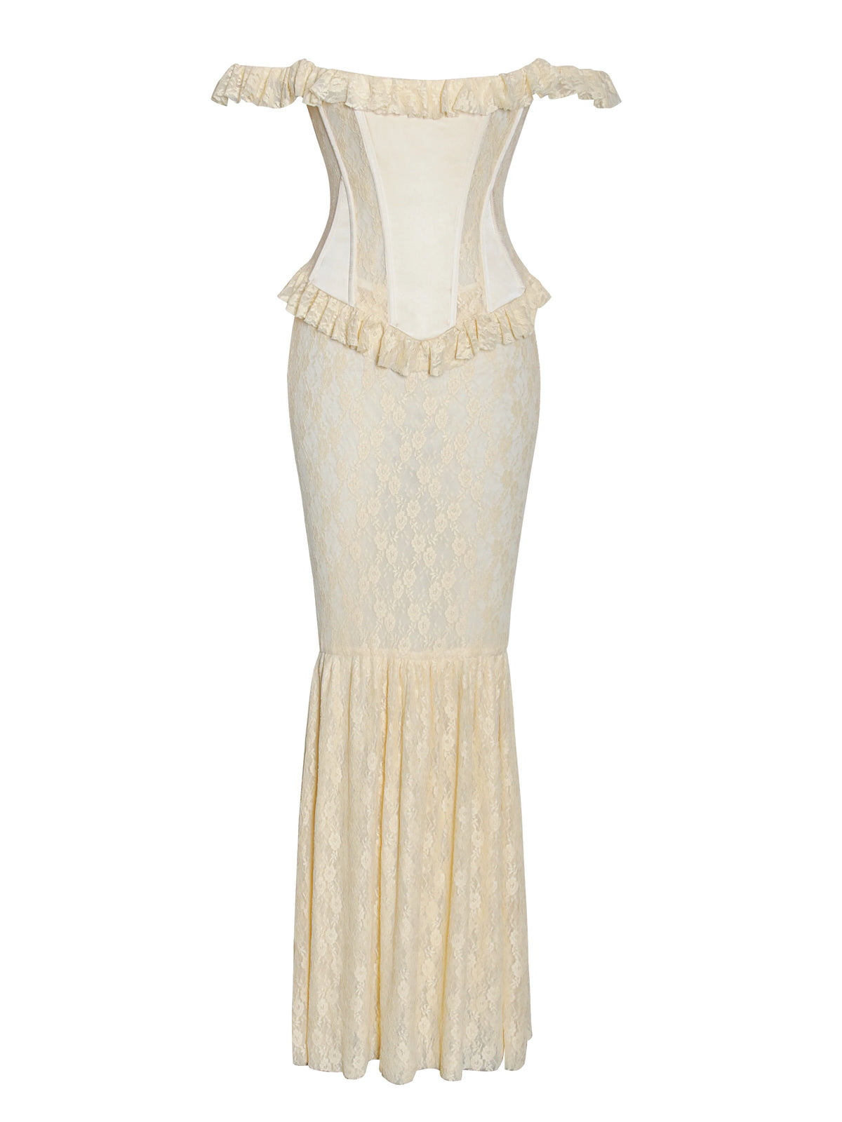 Ersilia Pale Yellow Satin Lace Peplum Corset Off Shoulder Maxi Dress