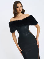 Bellis Black Fur Trim Mesh Panel Off Shoulder Midi Dress