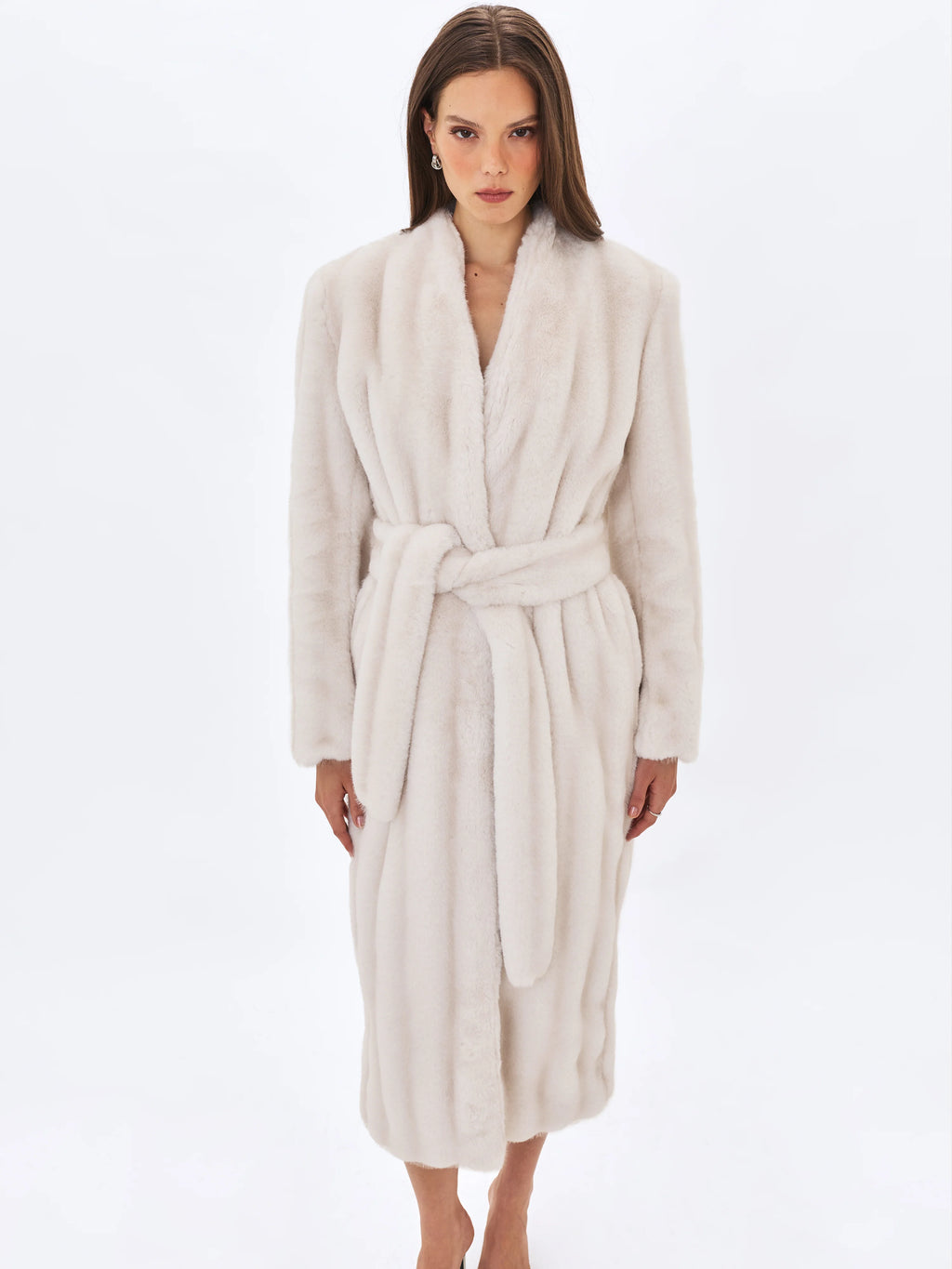 Celine Soft White Faux Mink Belted Longline Coat