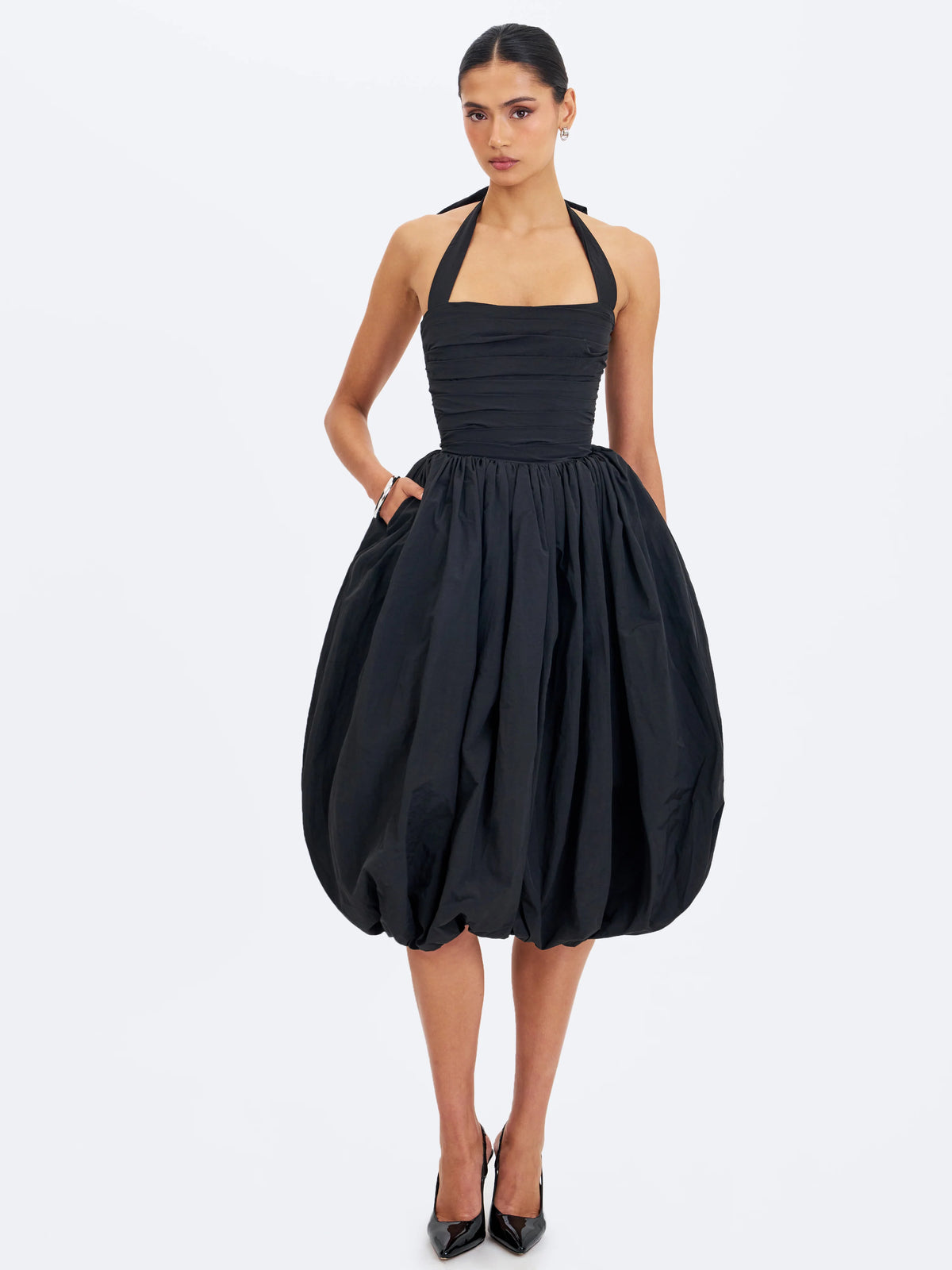 Veradis Black Taffeta Halter Bubble Hem Midi Dress