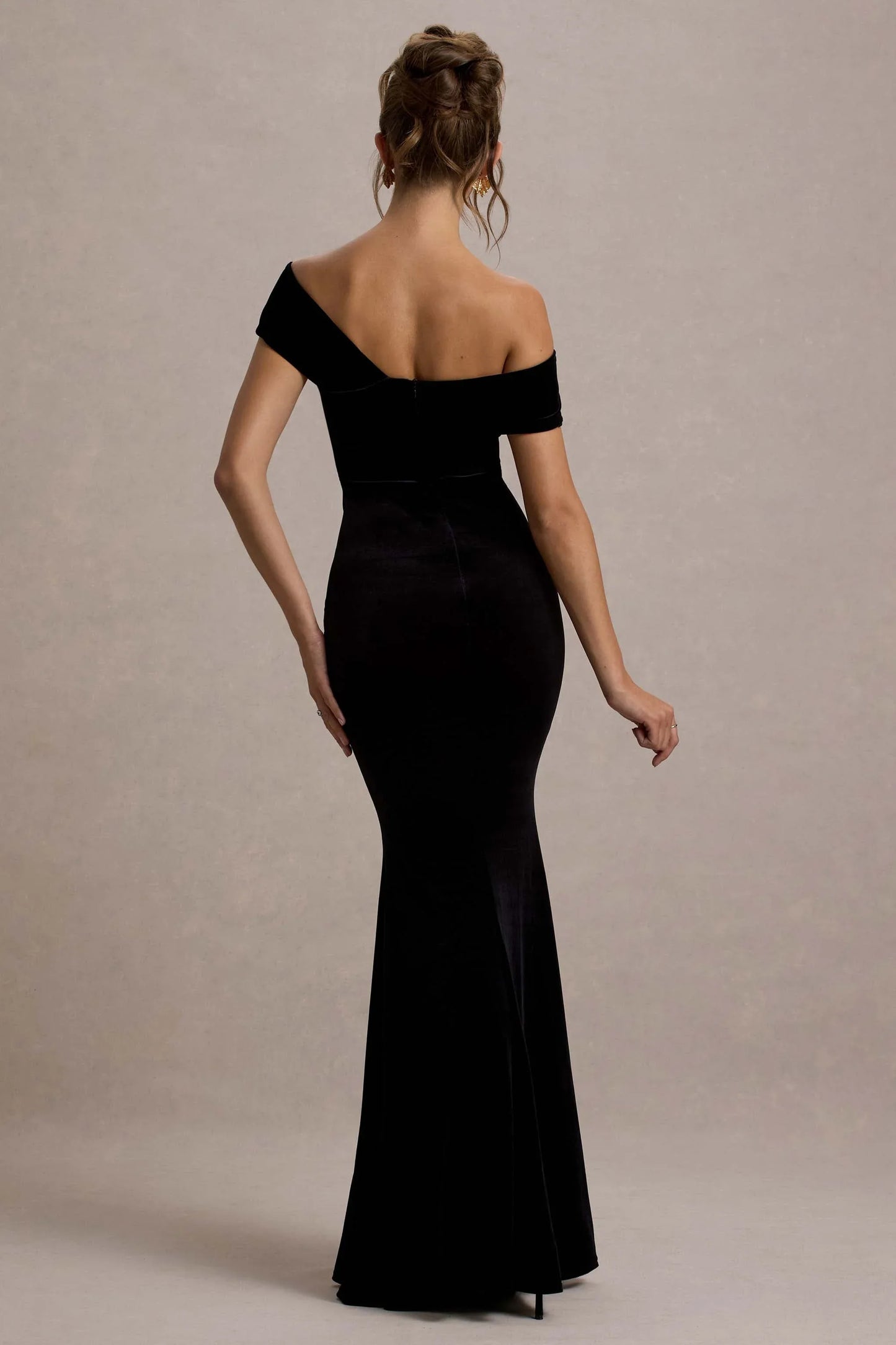 Candela Black Velvet Asymmetric Bardot Maxi Dress