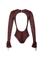 Ibera Burgundy Animal Print Burnout Velvet Long Sleeve Bodysuit
