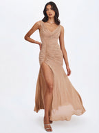 Viveca Apricot Crystal Embellished Asymmetrical Ruched Maxi Dress