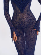 Ilyse Navy V Neck Plunge Animal Print Mermaid Hem Maxi Dress