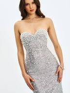 Noelle Silver Sequin Pearl Embellished Sweetheart Maxi Dress