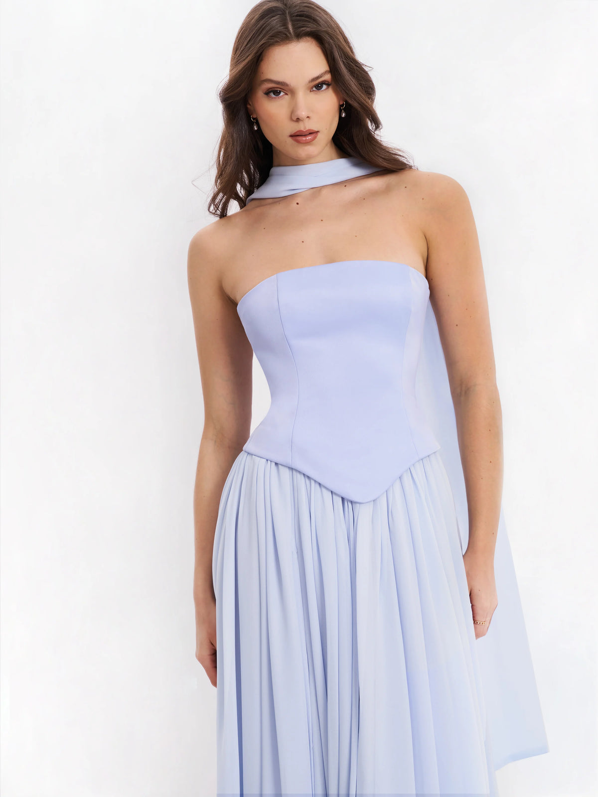 Qianna Baby Blue Peplum Drop Waist Chiffon Gown