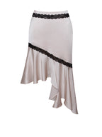 Yahvi Beige Lace Trim Satin Skirt