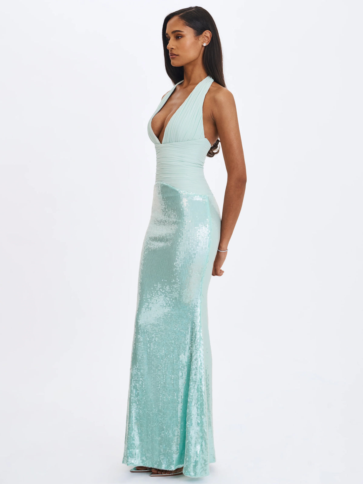 Wendale Mint Sequin Plunging Mermaid Maxi Dress