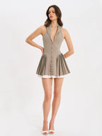 Hazel Brown Preppy Halter Neck Pleated Mini Dress