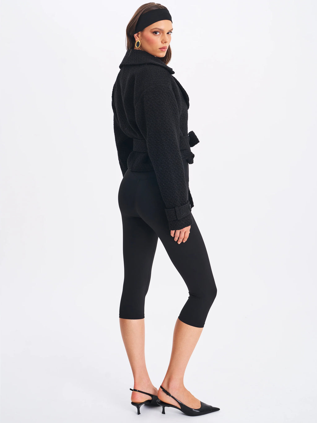 Dara Black Wool Blend Cropped Double Breasted Belted Coat