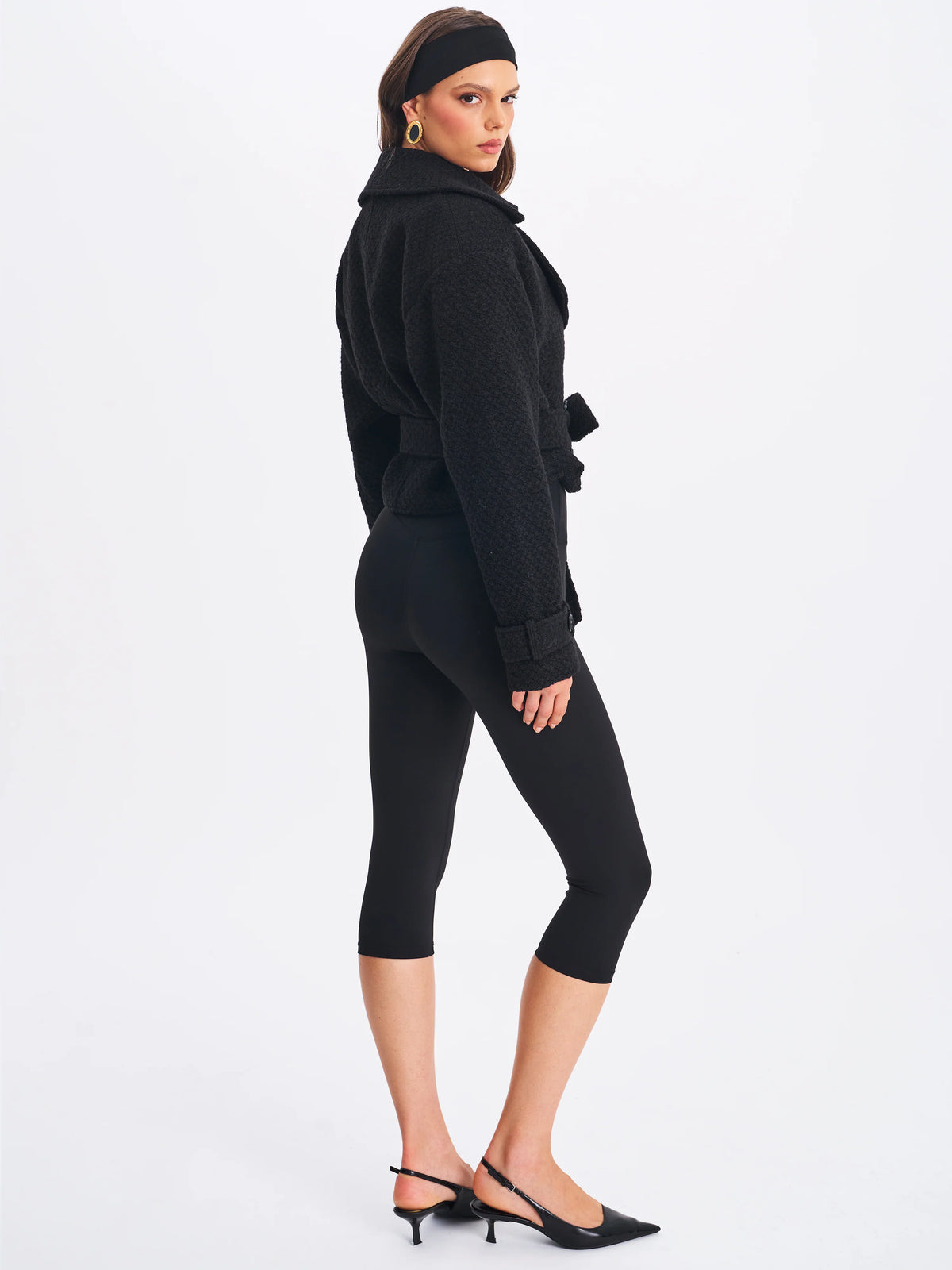 Dara Black Wool Blend Cropped Double Breasted Belted Coat