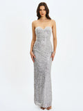 Noelle Silver Sequin Pearl Embellished Sweetheart Maxi Dress