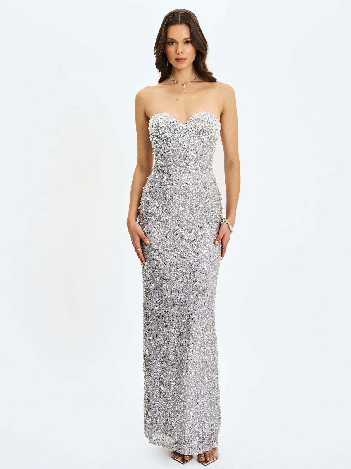 Noelle Silver Sequin Pearl Embellished Sweetheart Maxi Dress