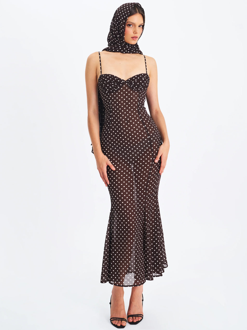 Yadira Brown Base Polka Dot Chiffon Maxi Dress