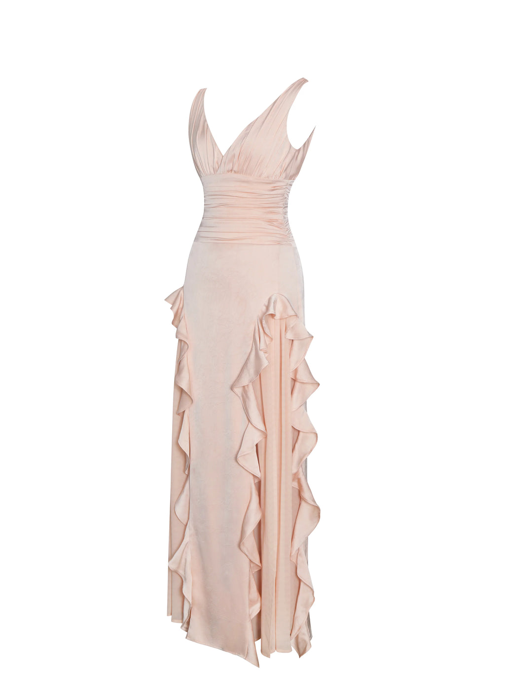Talyssa Baby Pink Ruched Waist Double High Slit Maxi Gown Archive Sale