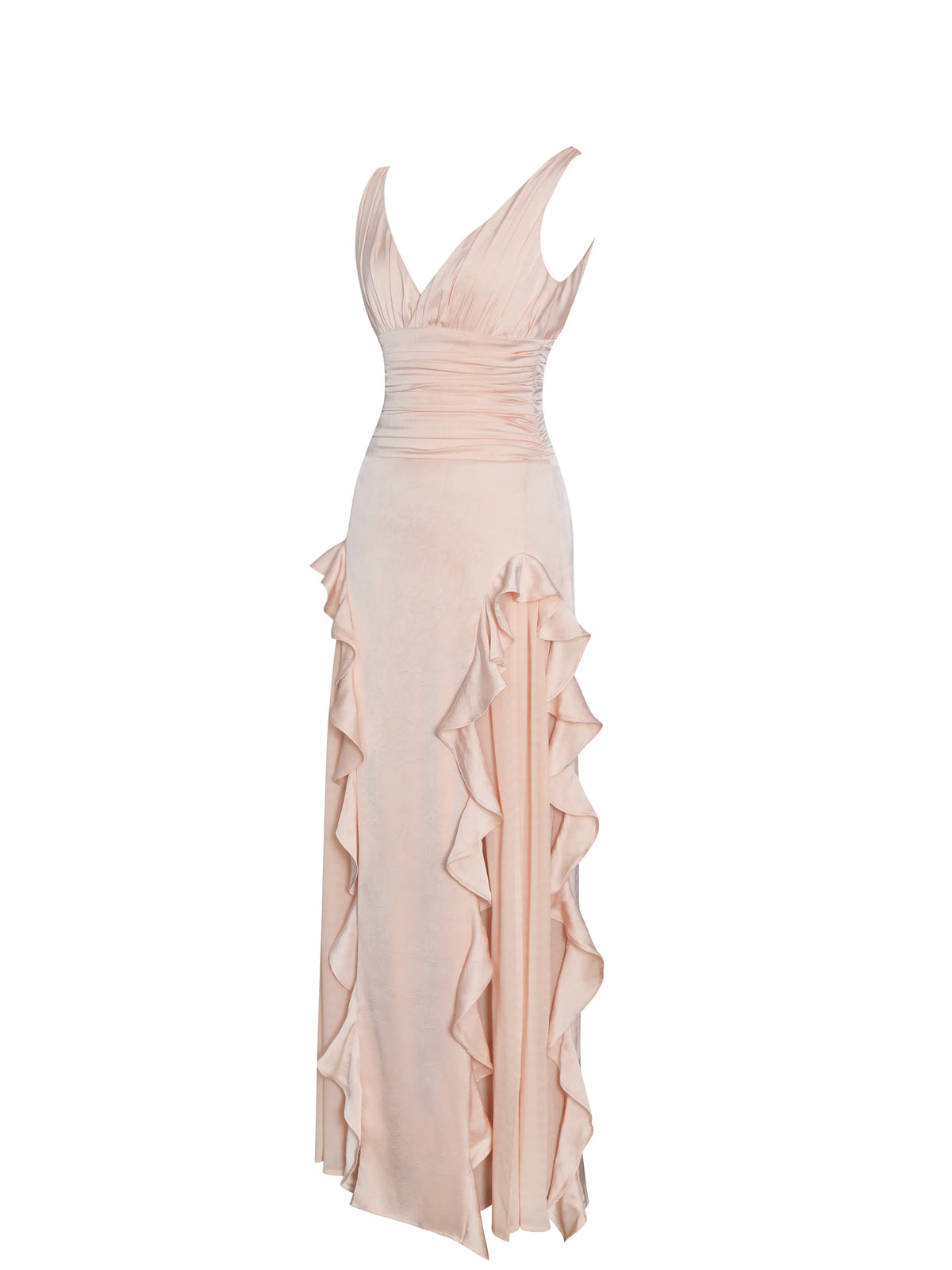Talyssa Baby Pink Ruched Waist Double High Slit Maxi Gown Archive Sale