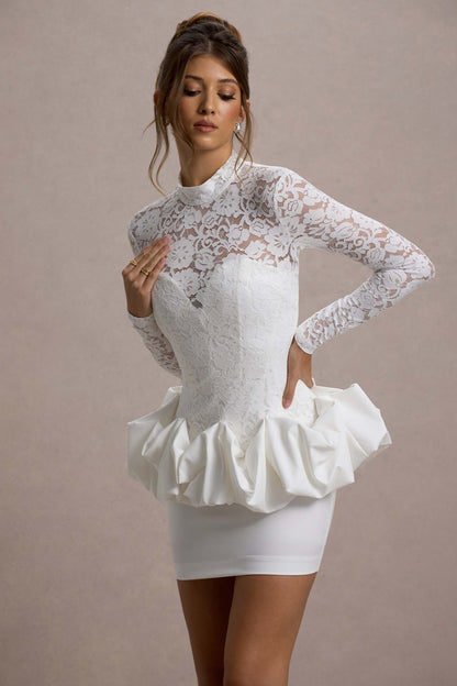 Antheia White Lace Long Sleeve Peplum Mini Dress