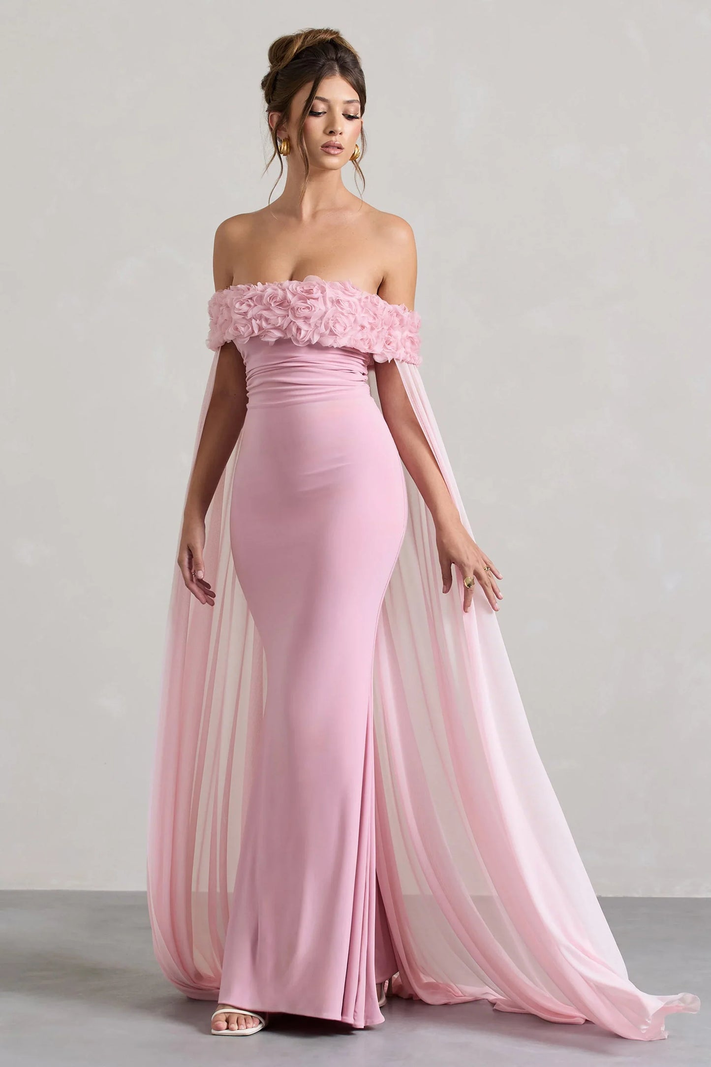Avant Garde Blush Pink Floral Bardot Fishtail Maxi Dress With Mesh Cape