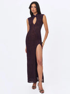 Riona Violet Burnout Velvet Mesh Keyhole Maxi Dress