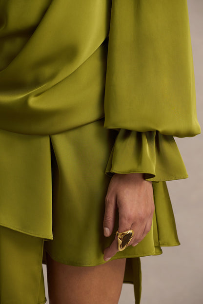 Cara Olive Satin Plunge Neck Micro Mini Dress With Long Sleeve