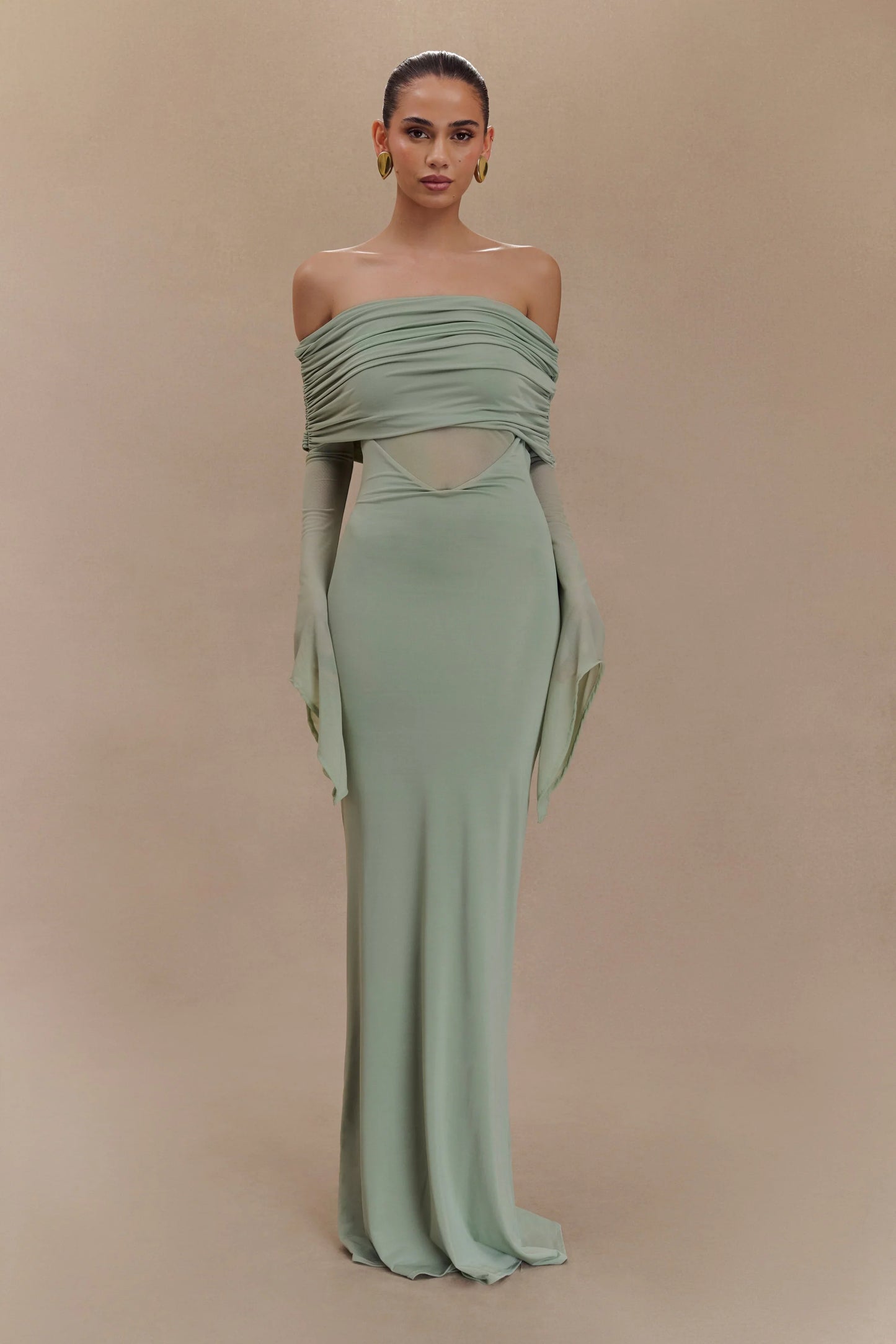 Kaitlin One Shoulder Slinky And Mesh Maxi Dress Basil