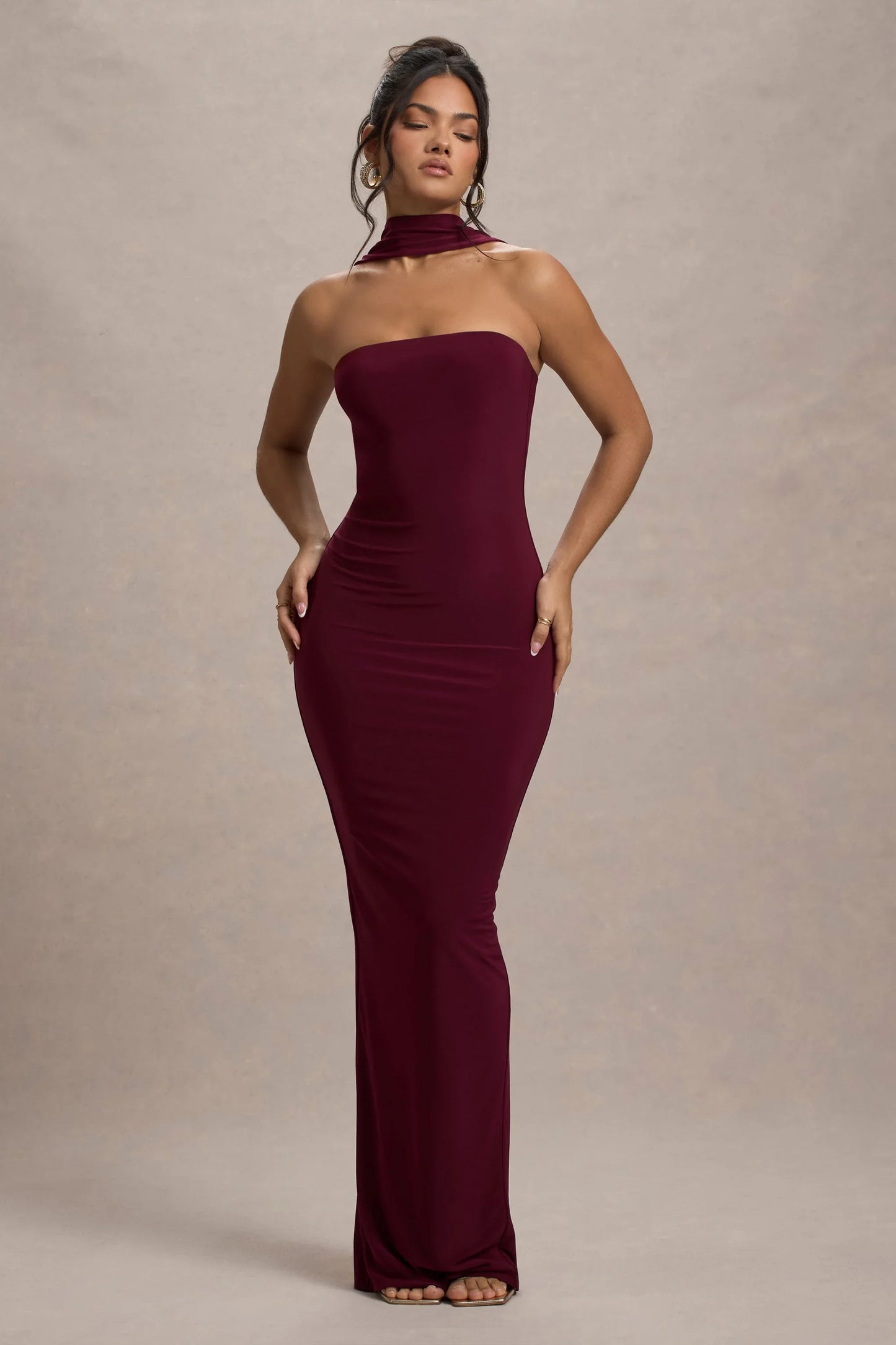 Nobu Burgundy Bandeau Maxi Dress With Halter Collar