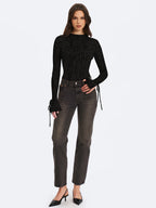 Ibera Black Animal Print Burnout Velvet Long Sleeve Bodysuit