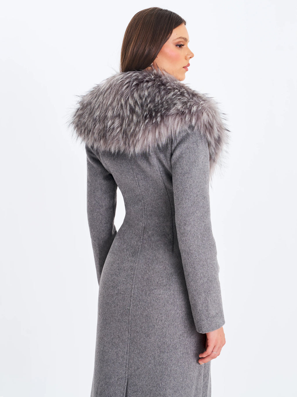Faye Grey Wool Blend Single Breasted Coat with Removable Faux Fur Collar