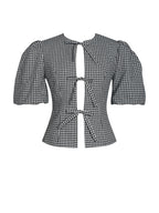 Qusayla Black Gingham Cotton Bubble Sleeve Bowtie Top