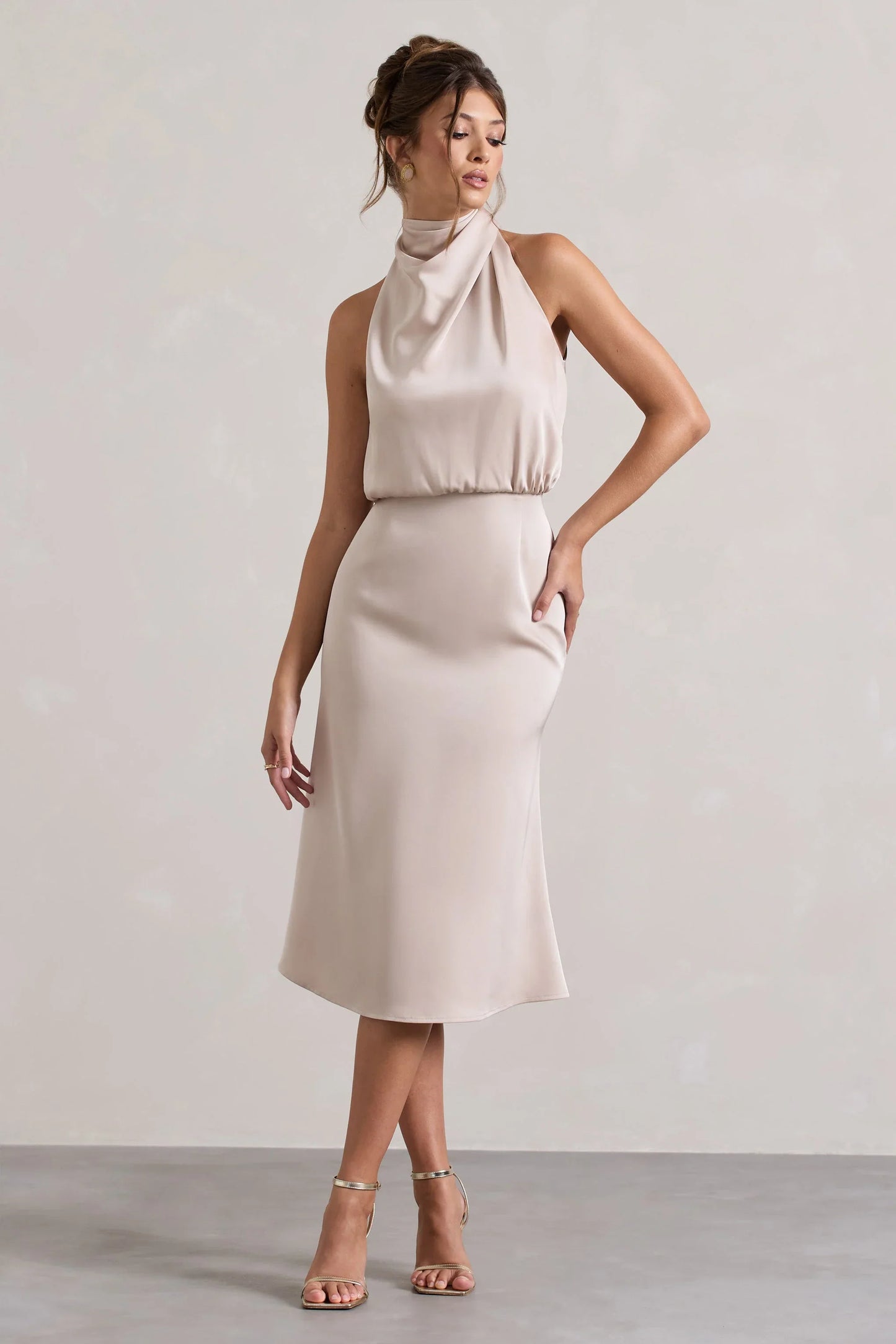 Geena Champagne Satin Twisted High Neck Midi Dress