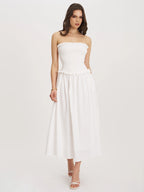 Quadiya White Cotton Seersucker Smocked Strapless Midi Dress Archive Sale