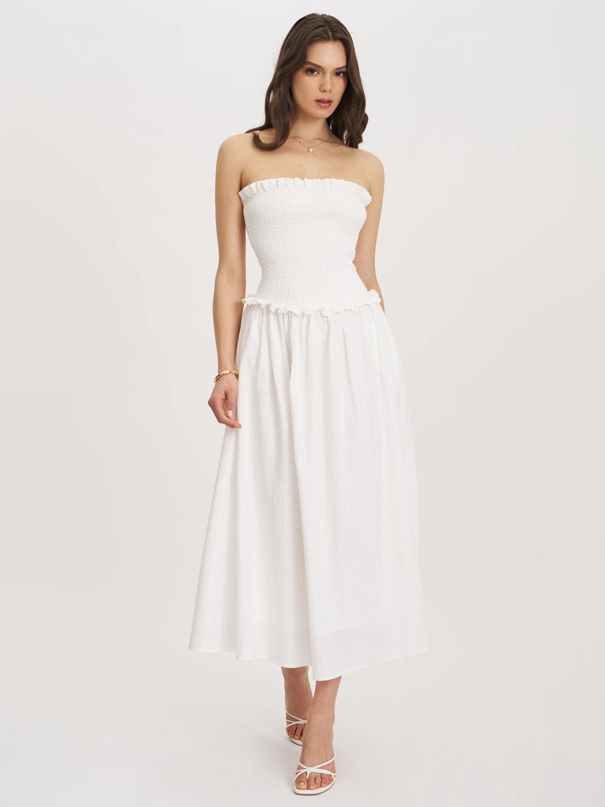 Quadiya White Cotton Seersucker Smocked Strapless Midi Dress Archive Sale