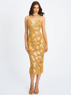Edie Gold Beaded Sequin Midi Pencil Dress