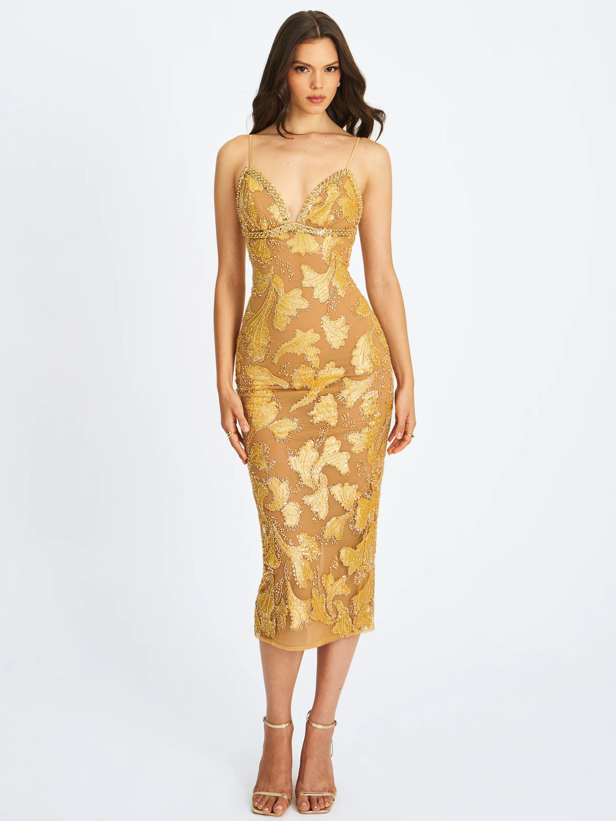 Edie Gold Beaded Sequin Midi Pencil Dress