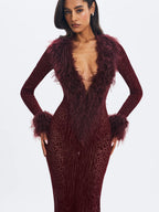 Luana Burgundy Plunging Fur Trimmed Burnout Mesh Maxi Dress