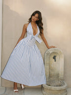 Mackenna Navy Cotton Stripe Halter Smock Back Maxi Dress