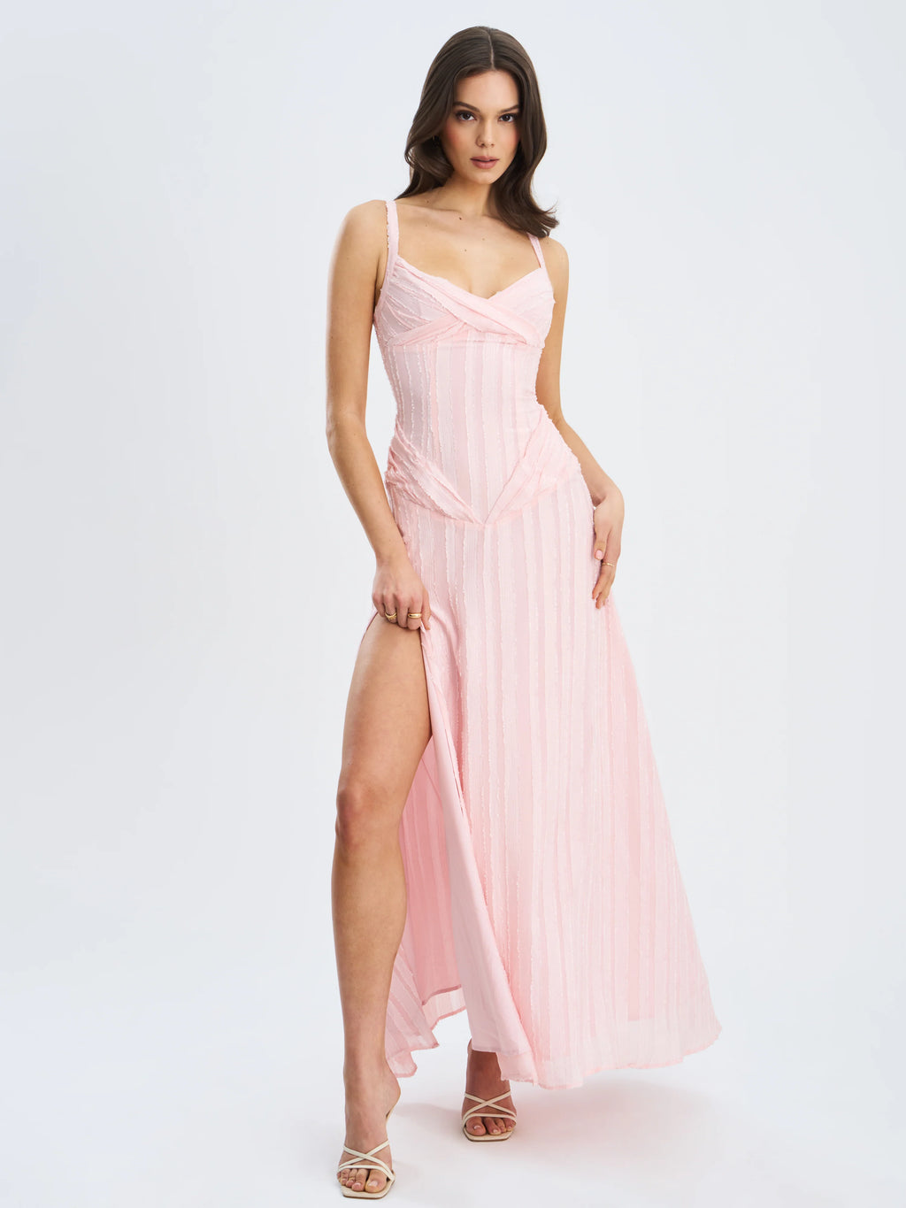 Mallory Baby Pink Stripe Jacquard High Slit Gown