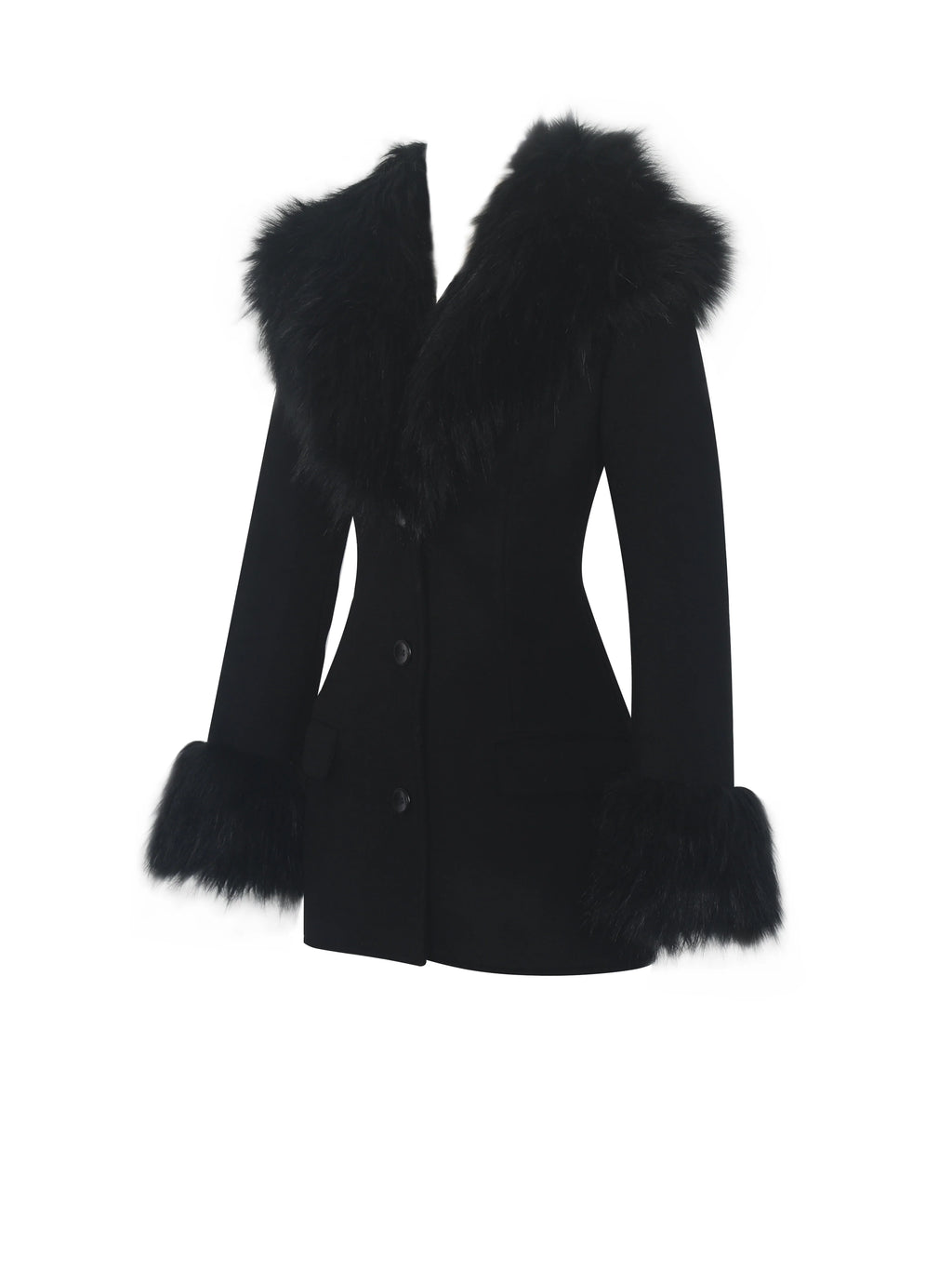 Hailee Black Single Breasted Wool Blend Mini Coat with Removable Fur Lapel