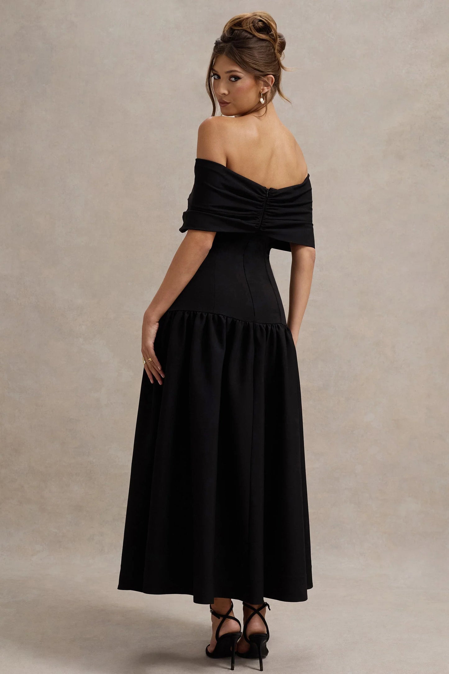 Marguerite Black Twisted Bardot Drop Waist Maxi Dress