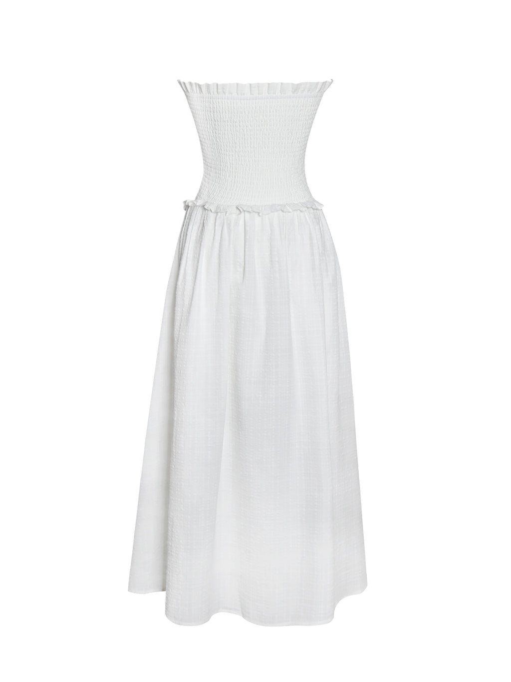 Quadiya White Cotton Seersucker Smocked Strapless Midi Dress Archive Sale