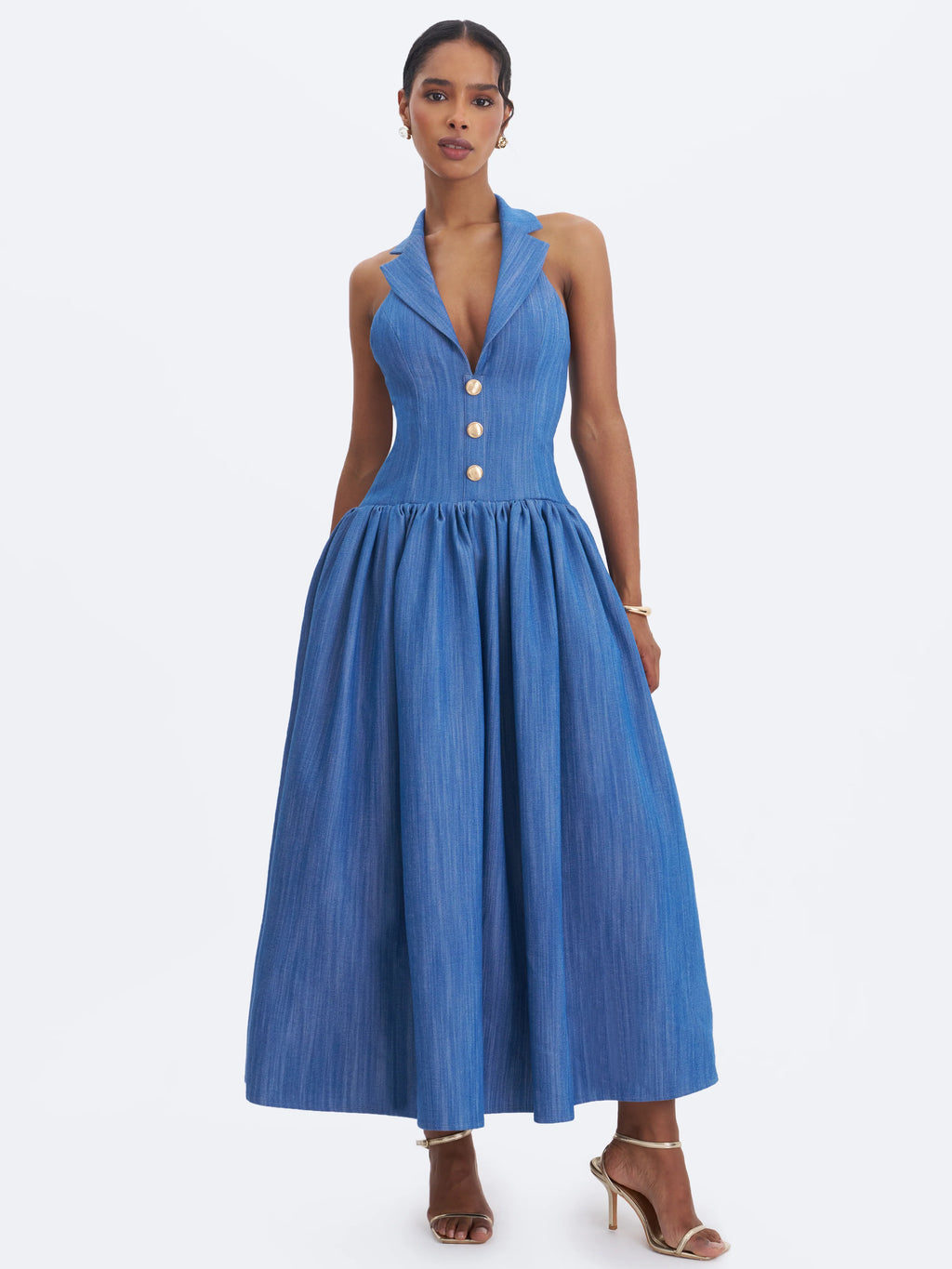 Xyan Navy Denim Lapel Halter A Line Midi Dress