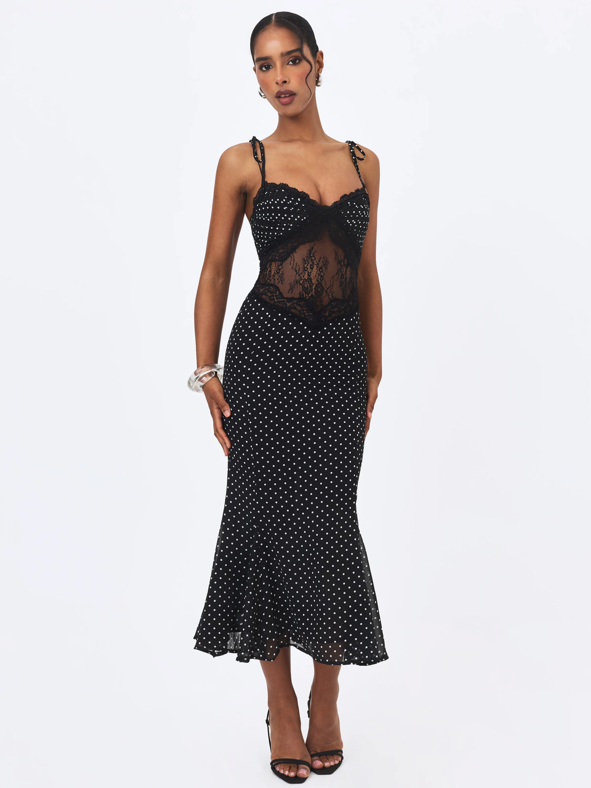 Zehra Black Polka Dot Chiffon Lace Cutout Mermaid Midi Dress