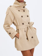 Vanetta Tan High Collar Double Breasted Trench Mini Coat
