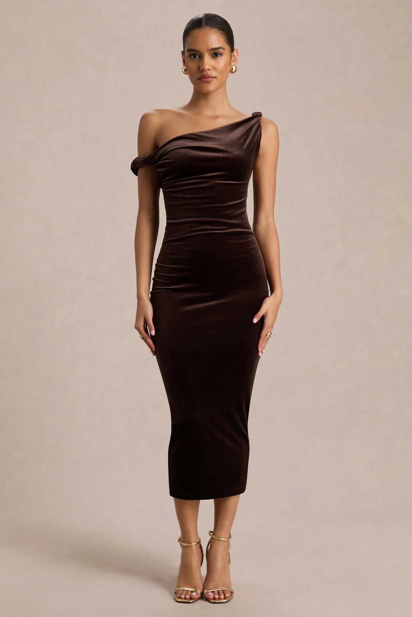 Carella Brown Velvet Twisted Asymmetric Midi Dress