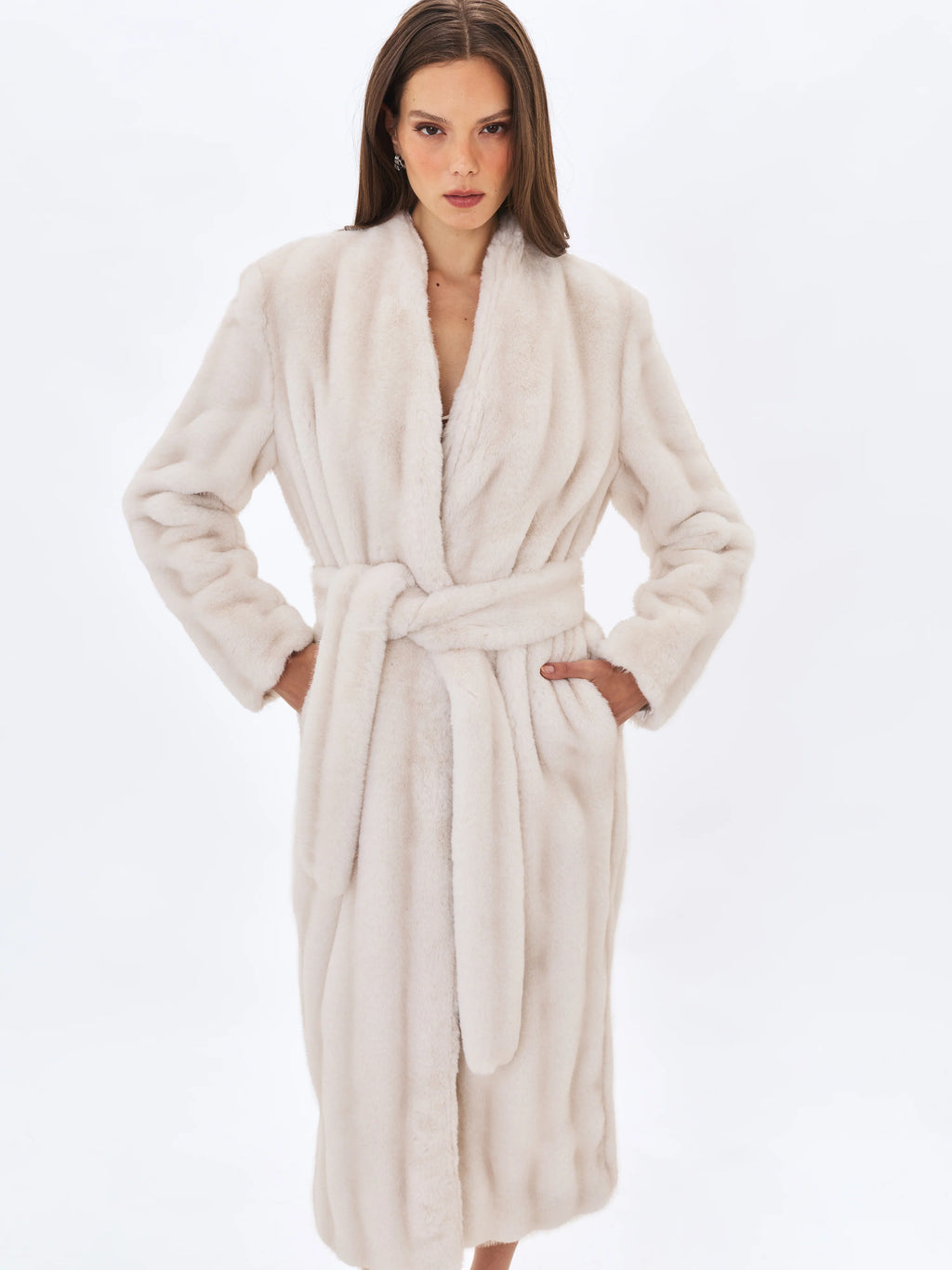 Celine Soft White Faux Mink Belted Longline Coat