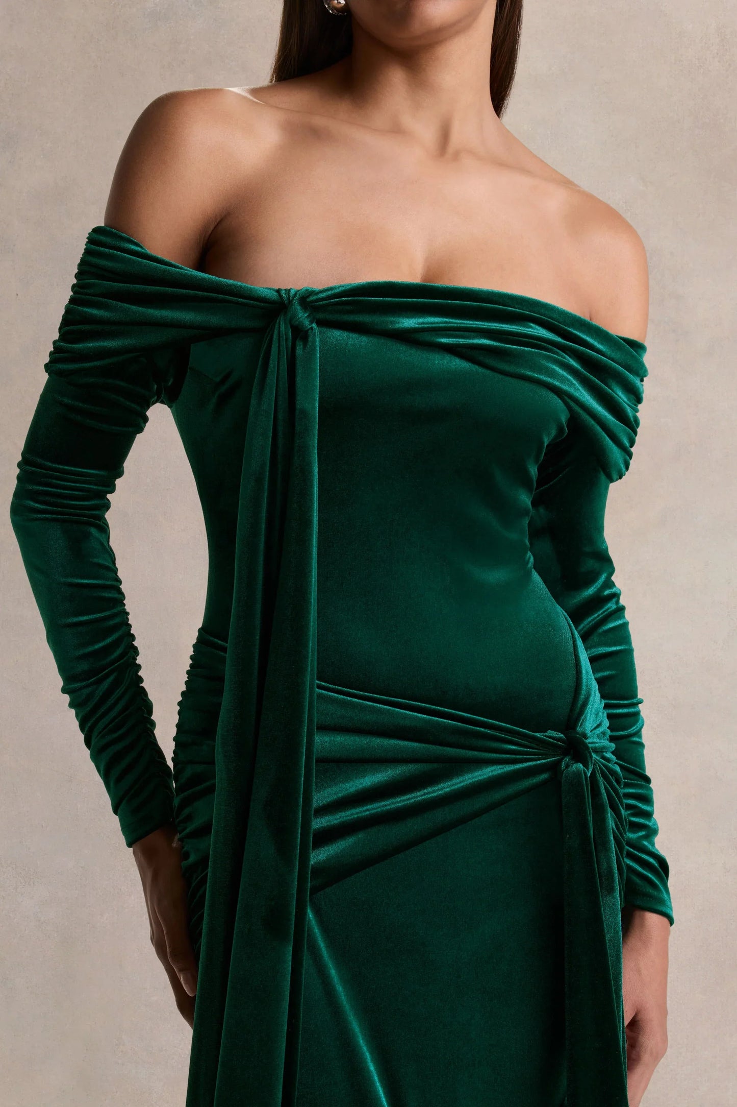 Jessara Bottle Green Bardot Neck Maxi Dress With Knot Details
