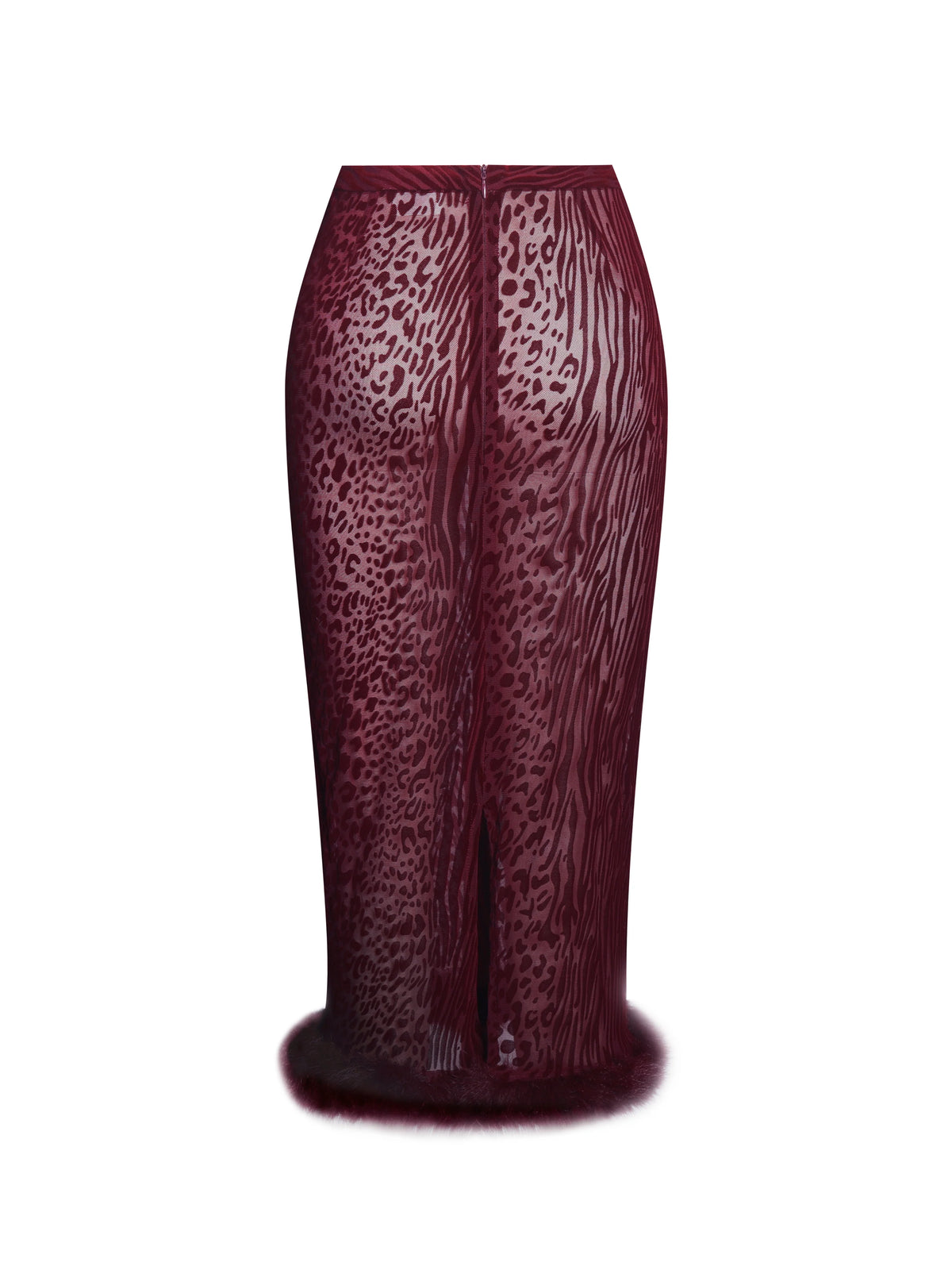 Halia Burgundy Animal Print Burnout Velvet Fur Trim Skirt